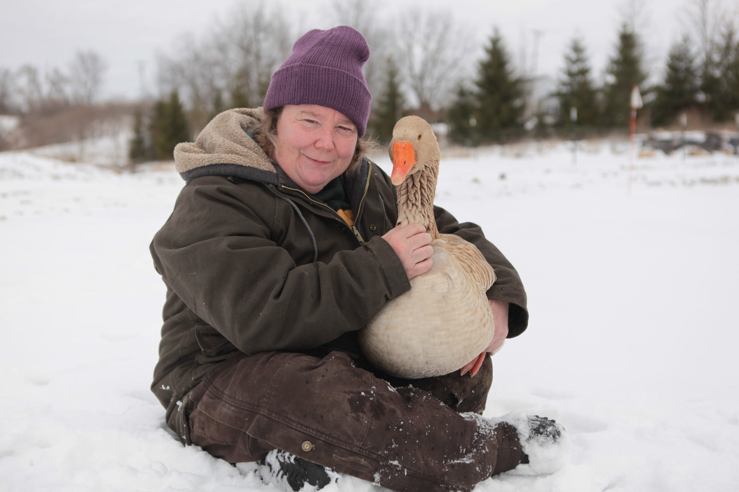 Eleanor holds a friendly American Buff Goose