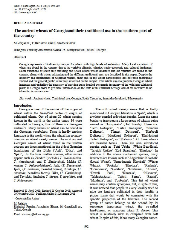 Wheat (2014) The ancient wheats of Georgia and their traditional use in the southern part of the country