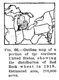 USDA Bulletin 1074 page 168 Fig. 66 - Outline map of a portion of the northern United States, showing the distribution of Red Rock Wheat in 1919. Estimated area, 216,000 acres.
