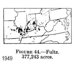 A USDA distribution map for 1949 acreage of soft red spring wheat cultivar 'Fultz'