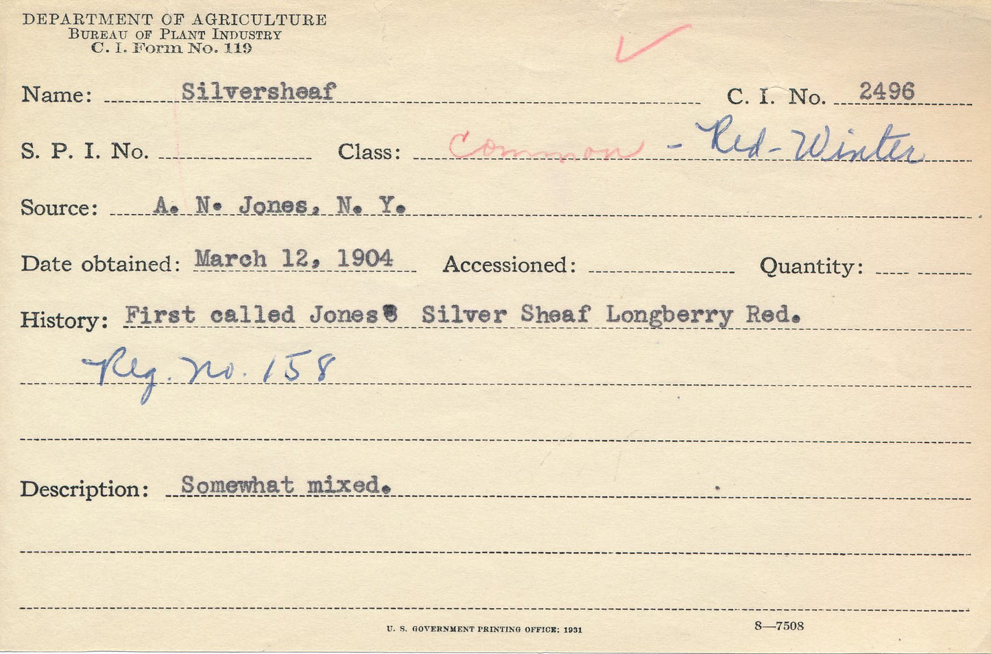 The USDA's ID card for A.N. Jones' Silversheaf wheat