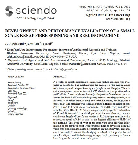 Fiber (2023) Development and Performance Evaluation of Small Scale Kenaf Fibre Spinning and Reeling Machine