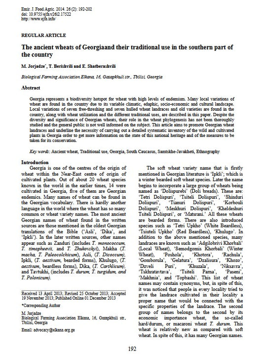 Wheat (2014) The ancient wheats of Georgia and their traditional use in the southern part of the country