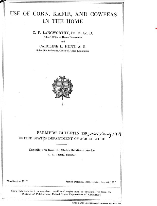 Recipes (1917) Use of Corn, Kafir, and Cowpeas in the Home