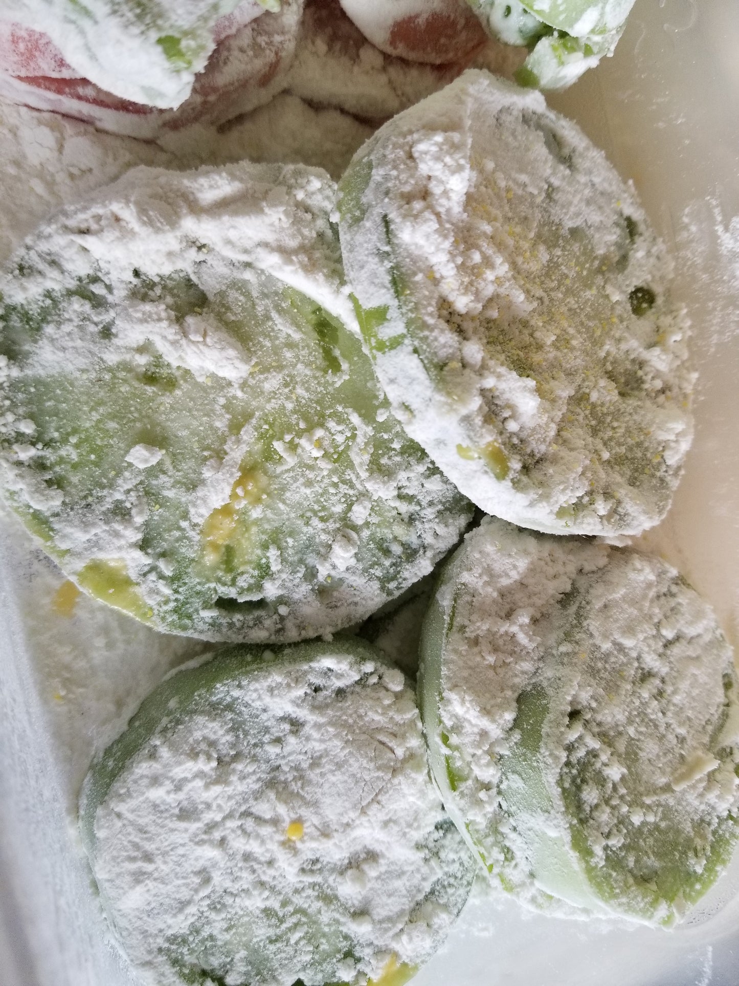 sliced green Fried Green Tomatoes from Indiana Red Tomato