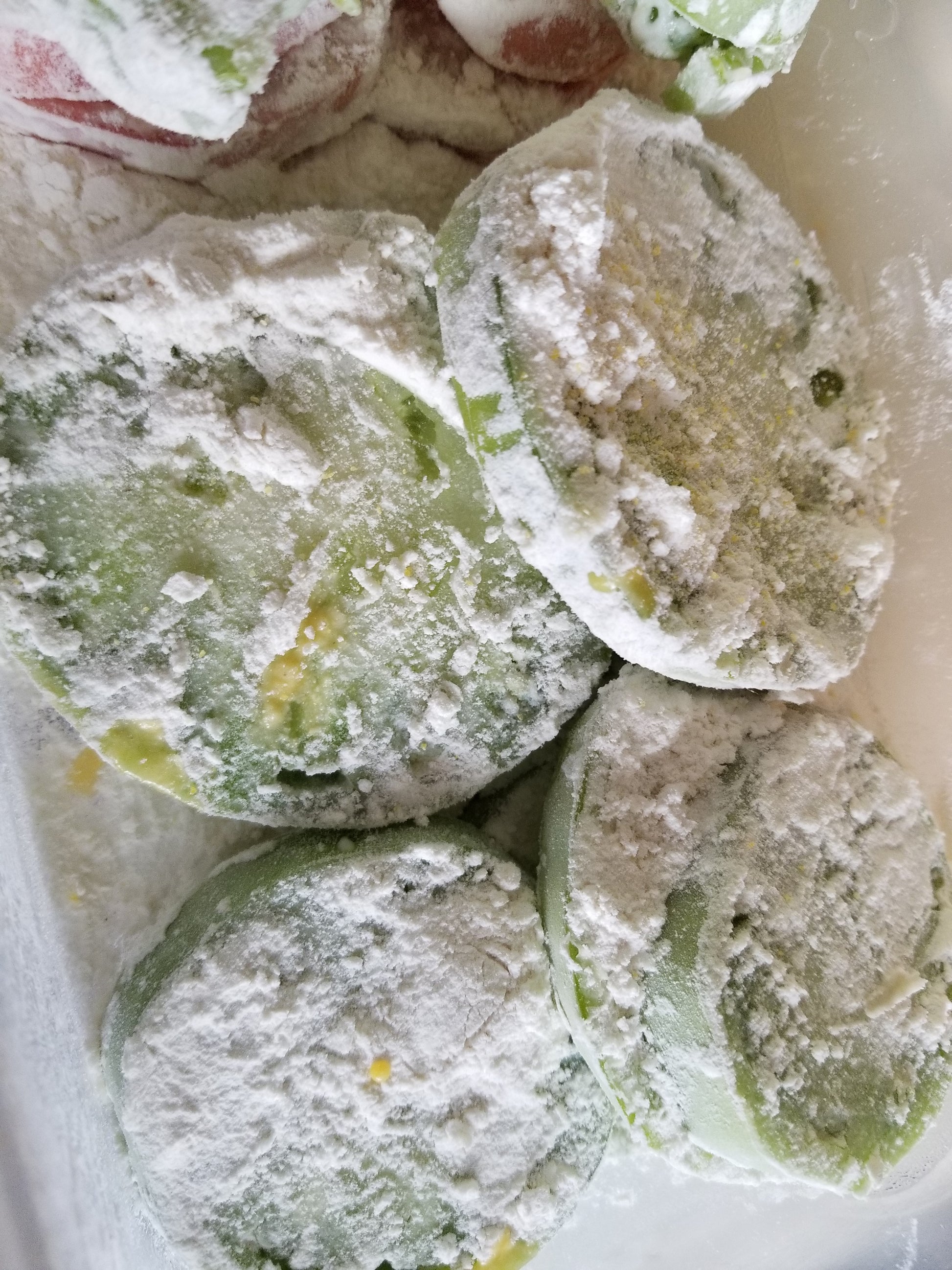 sliced green Fried Green Tomatoes from Indiana Red Tomato