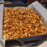 A pan of fresh warm sweet classic caramel kettle corn made from homegrown New York Amish Mushroom Popcorn - YUM!