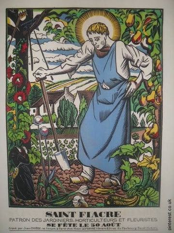 Heritage artistic depiction of Saint Fiacre, Patron Saint of Gardeners, Horticulturists, and Florists