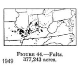 A USDA distribution map for 1949 acreage of soft red spring wheat cultivar 'Fultz'
