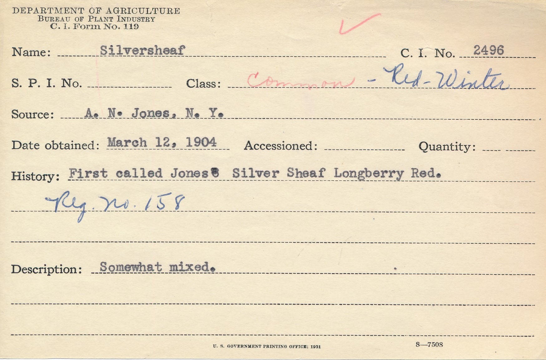 The USDA's ID card for A.N. Jones' Silversheaf wheat